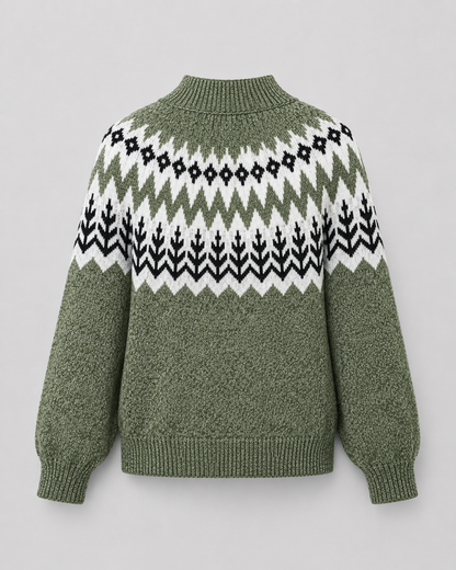 Women's Fair Isle Knit Sweater - Ribbed Mock Neck Relaxed Fit