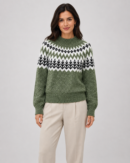 Women's Fair Isle Knit Sweater - Ribbed Mock Neck Relaxed Fit