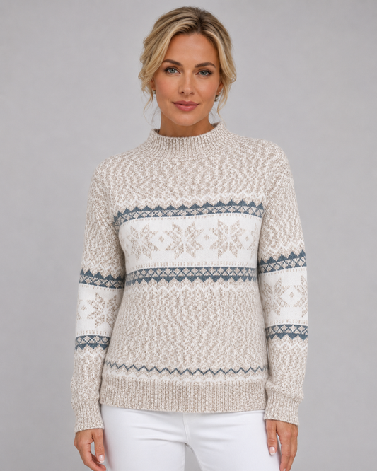 Women's Fair Isle Knitted Sweater - Ribbed Mock Neck Relaxed Fit