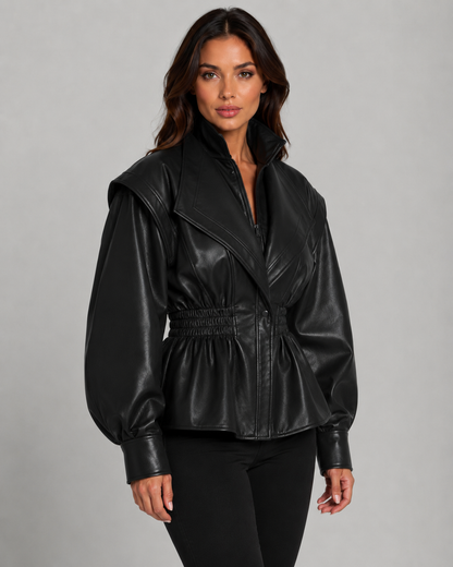 Women's Faux Leather Peplum Jacket Cinched Waist Zip-Up