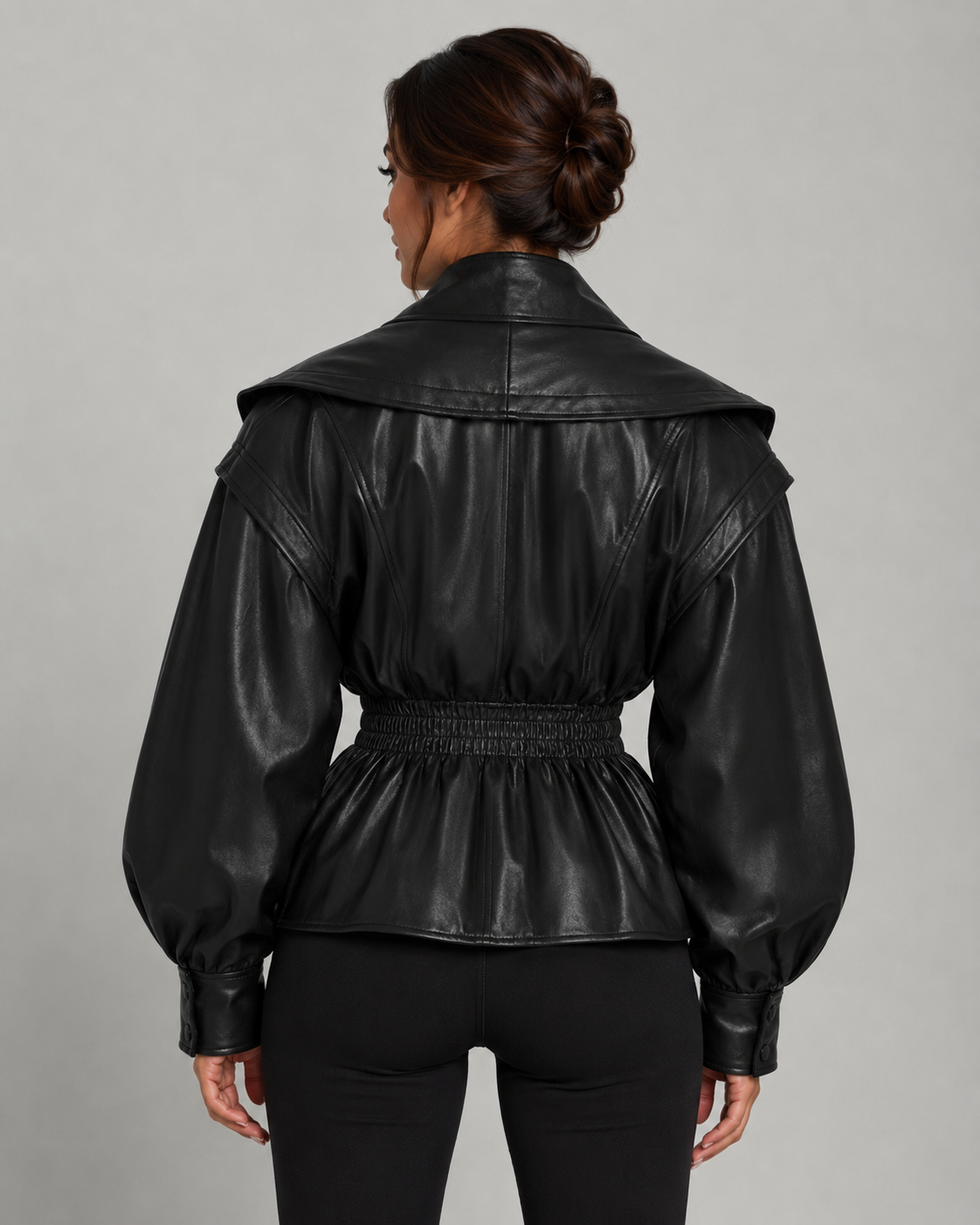 Women's Faux Leather Peplum Jacket Cinched Waist Zip-Up
