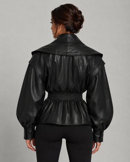 Women's Faux Leather Peplum Jacket Cinched Waist Zip-Up
