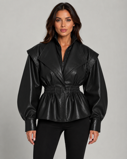 Women's Faux Leather Peplum Jacket Cinched Waist Zip-Up