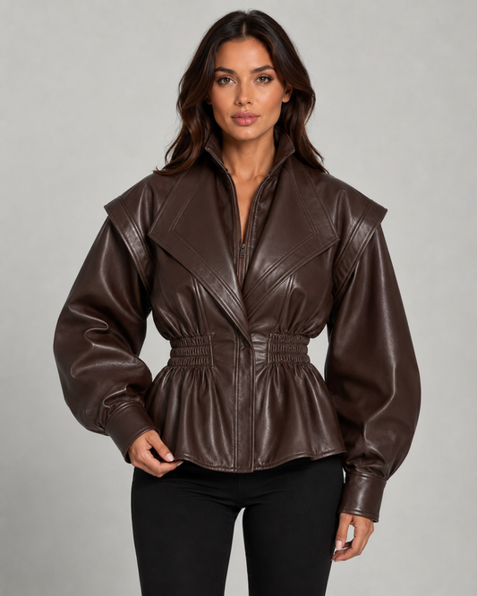Women's Faux Leather Peplum Jacket Cinched Waist Zip-Up