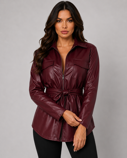 Women's Faux Leather Tie Waist Shirt Jacket Zip-Up Front