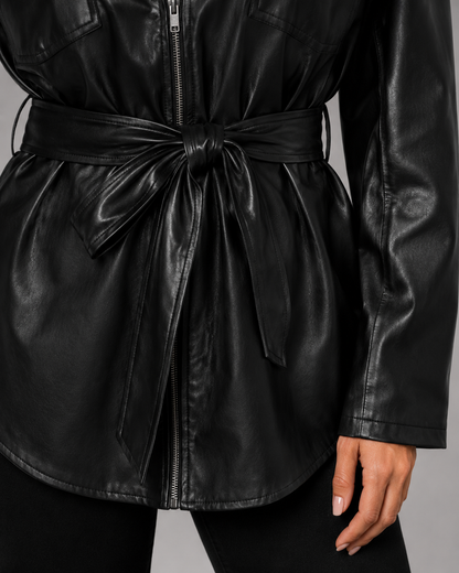 Women's Faux Leather Tie Waist Shirt Jacket Zip-Up Front