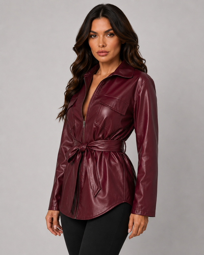 Women's Faux Leather Tie Waist Shirt Jacket Zip-Up Front