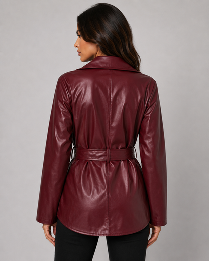 Women's Faux Leather Tie Waist Shirt Jacket Zip-Up Front