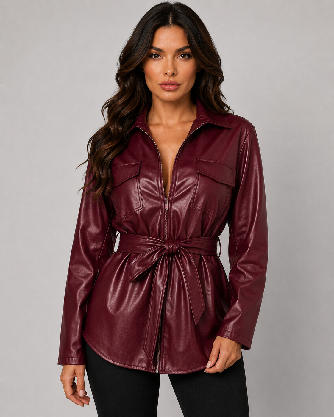 Women's Faux Leather Tie Waist Shirt Jacket Zip-Up Front