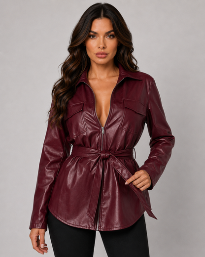 Women's Faux Leather Tie Waist Shirt Jacket Zip-Up Front