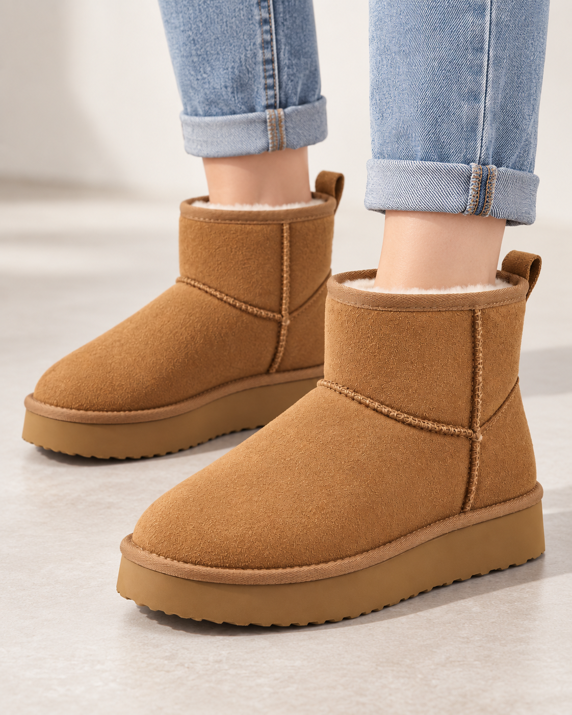 Women's Fleece-Lined Ankle Boots – Pull-On Platform Sole