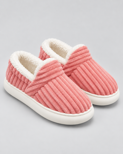 Women's Fleece-Lined Ribbed Slippers – Closed Toe Thick Sole