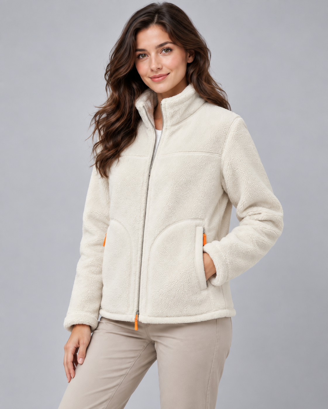 Women's Fleece Zip Jacket - Stand Collar Regular Fit with Pockets