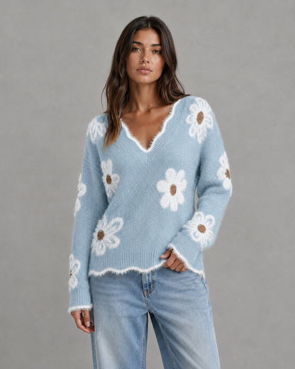 Women's Floral Knit V-Neck Sweater - Fuzzy Trim Relaxed Fit