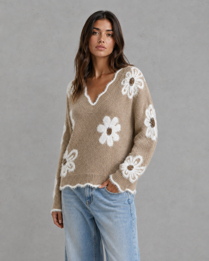 Women's Floral Knit V-Neck Sweater - Fuzzy Trim Relaxed Fit