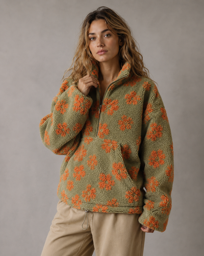 Women's Floral Sherpa Quarter-Zip Pullover - Oversized Boxy Fit