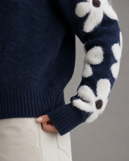 Women's Floral Sleeve Knitted Sweater - Crew Neck Relaxed Fit