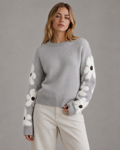 Women's Floral Sleeve Knitted Sweater - Crew Neck Relaxed Fit