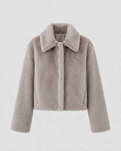 Women's Fur Jacket - Cropped Wide Collar Long Sleeve