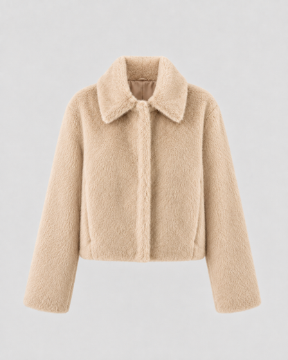 Women's Fur Jacket - Cropped Wide Collar Long Sleeve