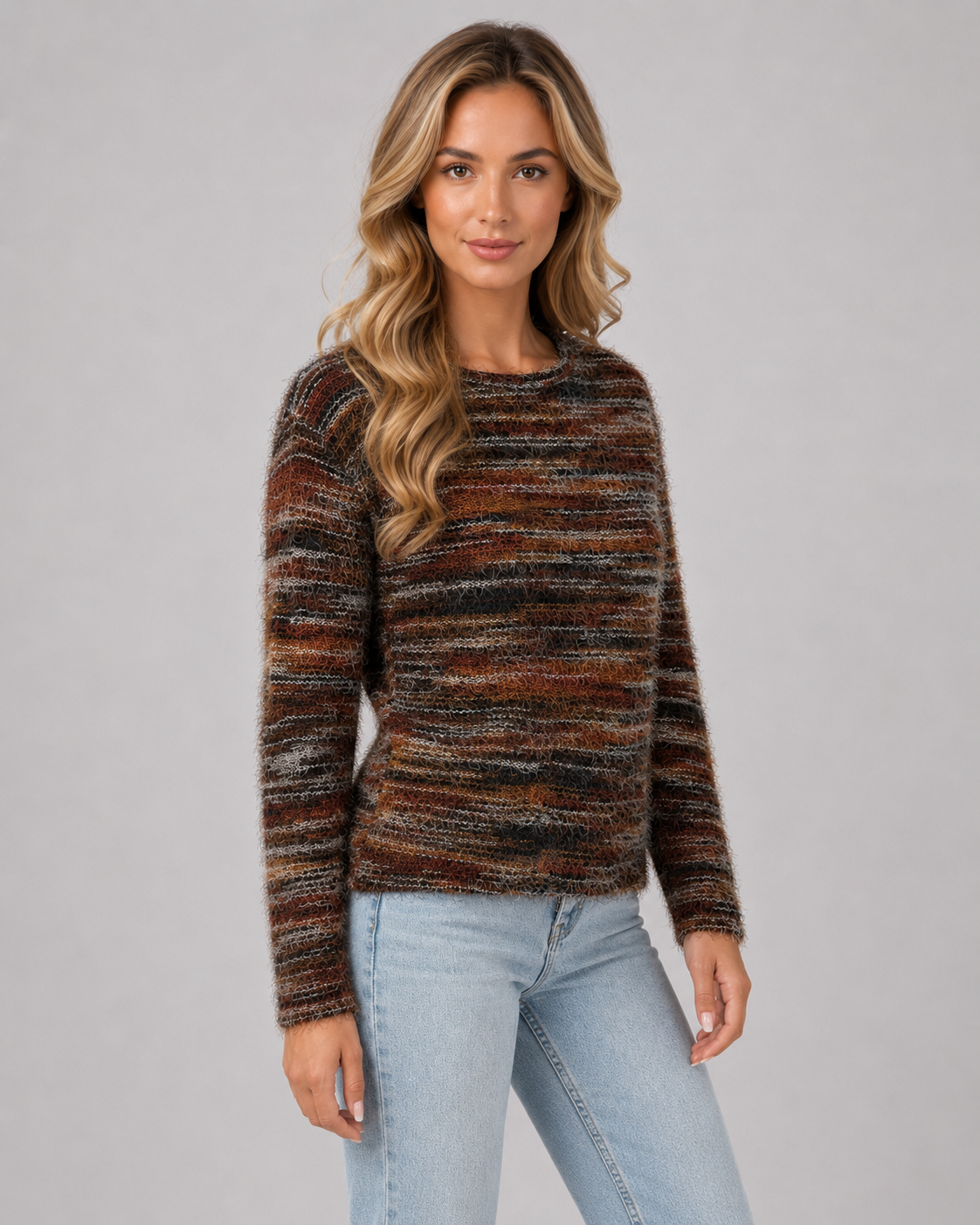 Women's Fuzzy Striped Knit Sweater – Crew Neck Regular Fit