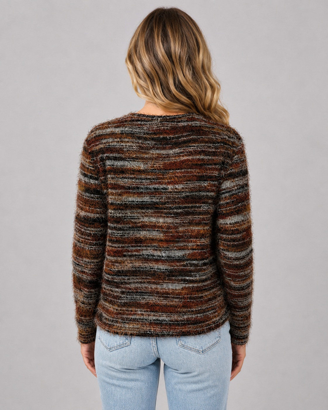 Women's Fuzzy Striped Knit Sweater – Crew Neck Regular Fit