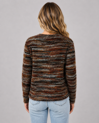 Women's Fuzzy Striped Knit Sweater – Crew Neck Regular Fit