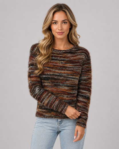 Women's Fuzzy Striped Knit Sweater – Crew Neck Regular Fit