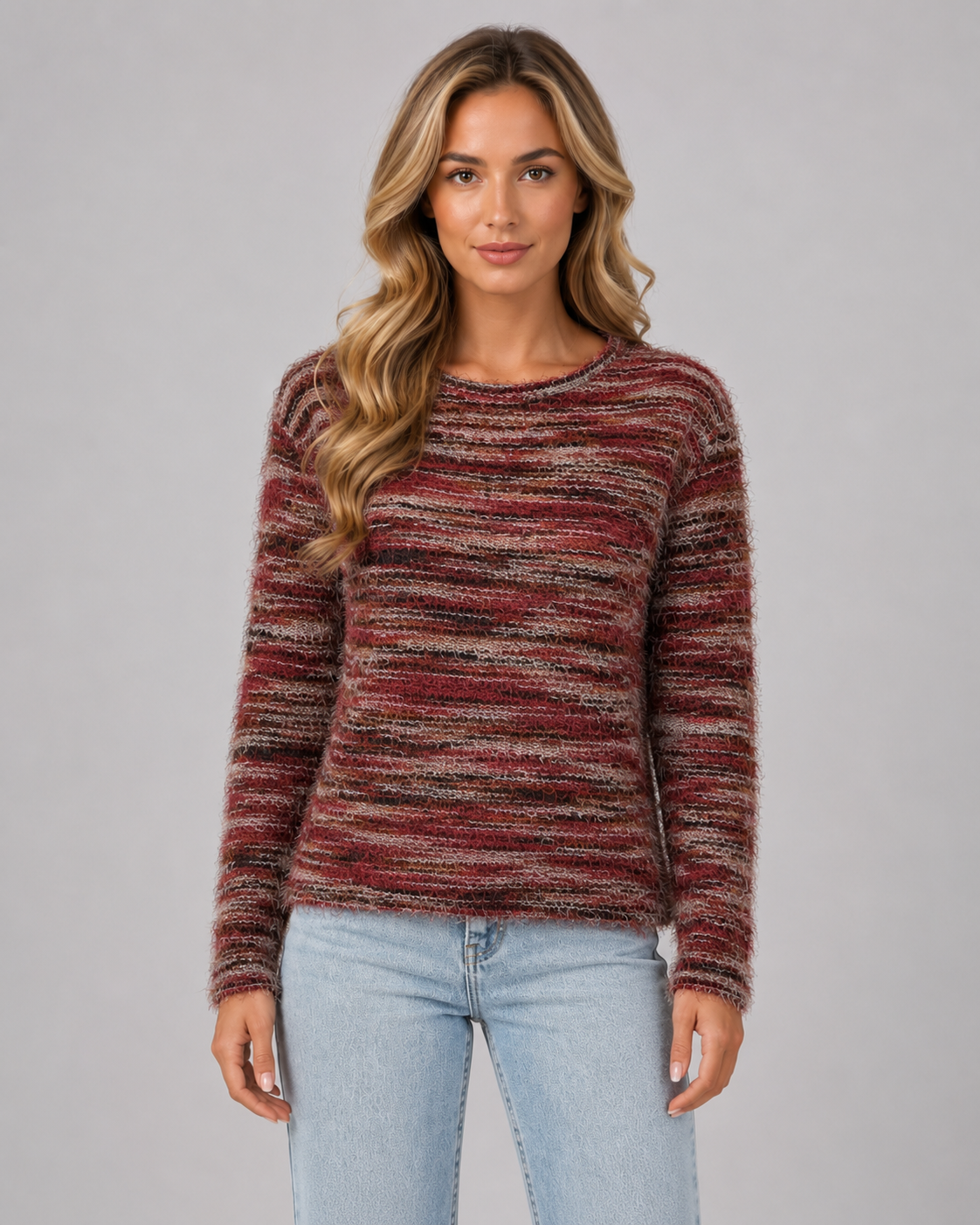 Women's Fuzzy Striped Knit Sweater – Crew Neck Regular Fit