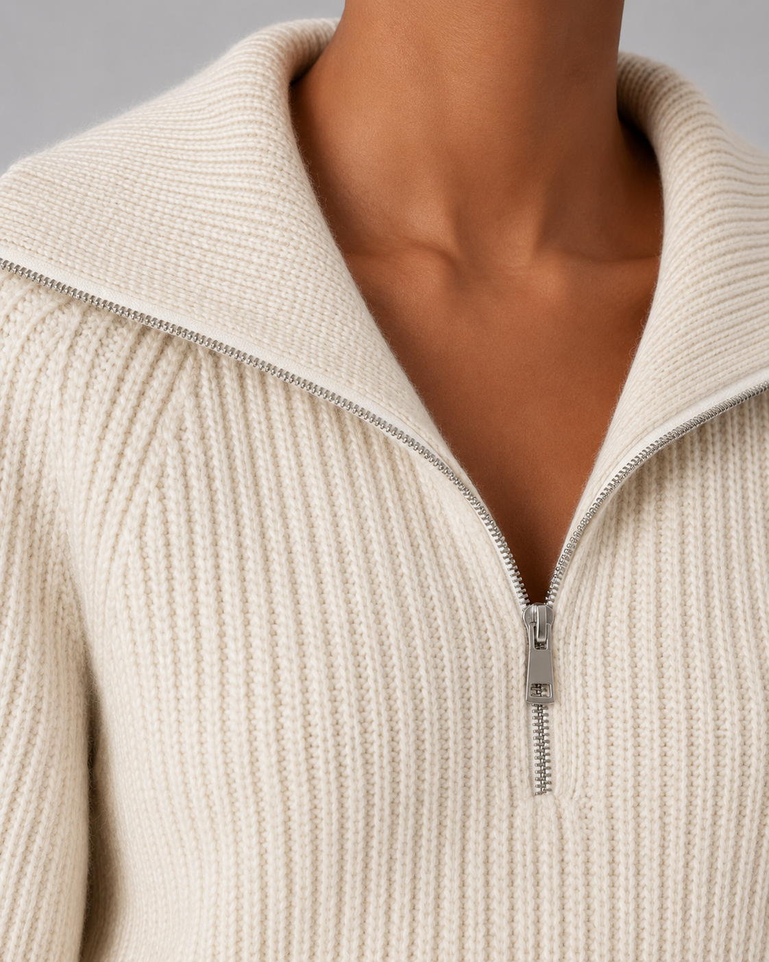 Women's Half-Zip Ribbed Knit Sweater - Cropped Funnel Neck