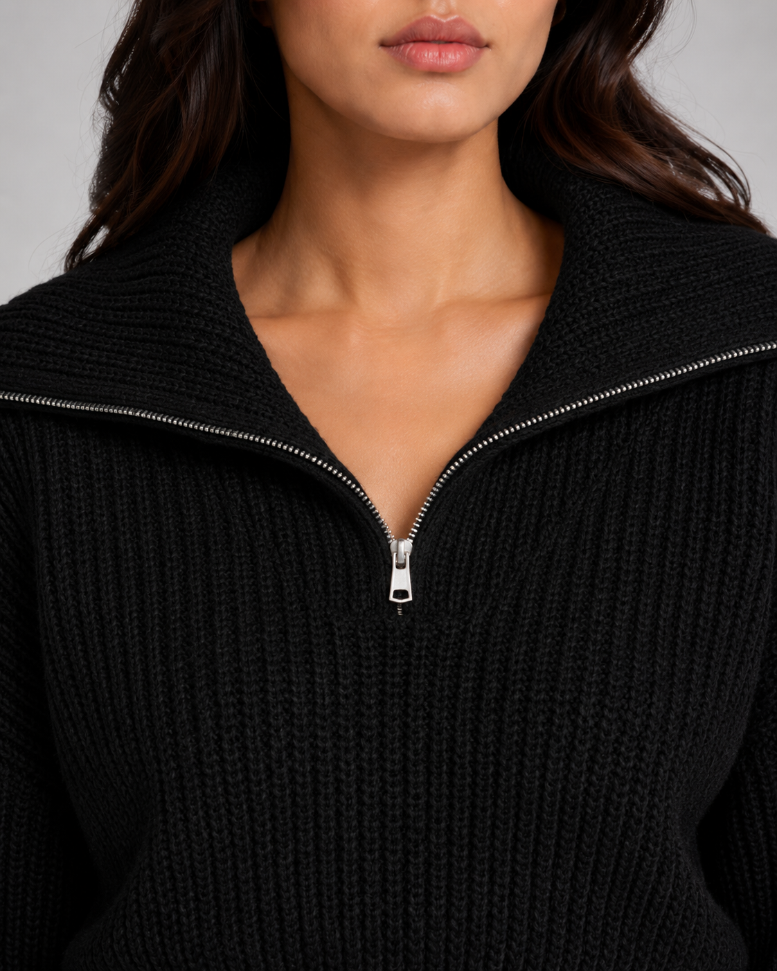 Women's Half-Zip Ribbed Knit Sweater - Cropped Funnel Neck