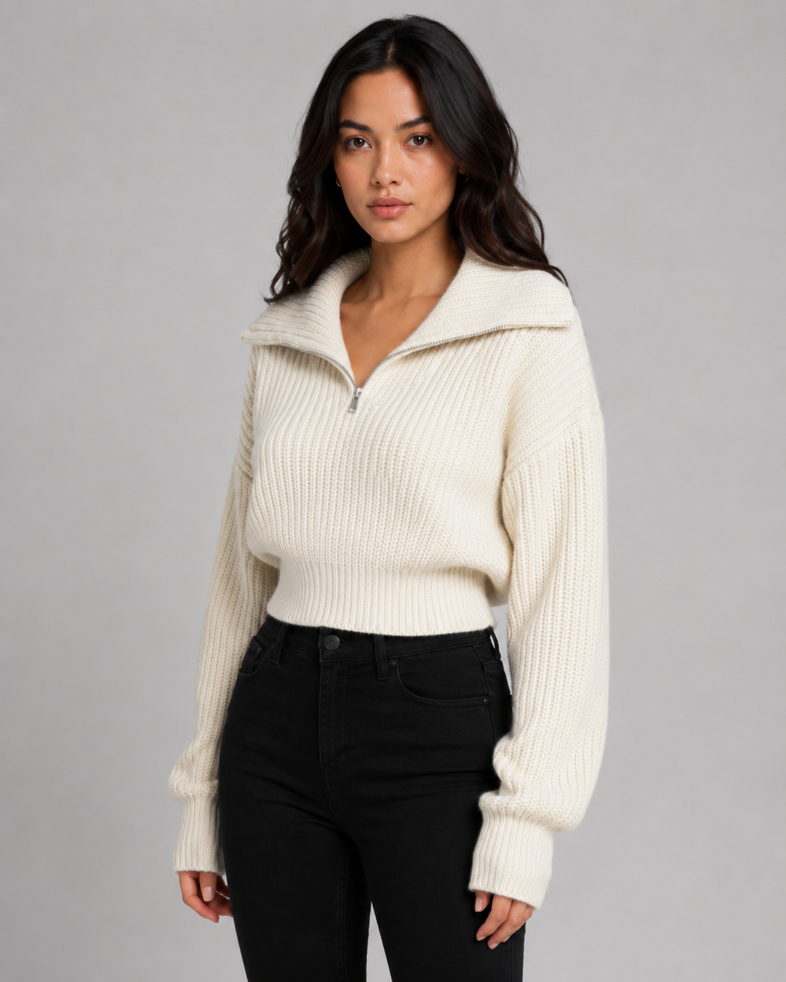 Women's Half-Zip Ribbed Knit Sweater - Cropped Funnel Neck