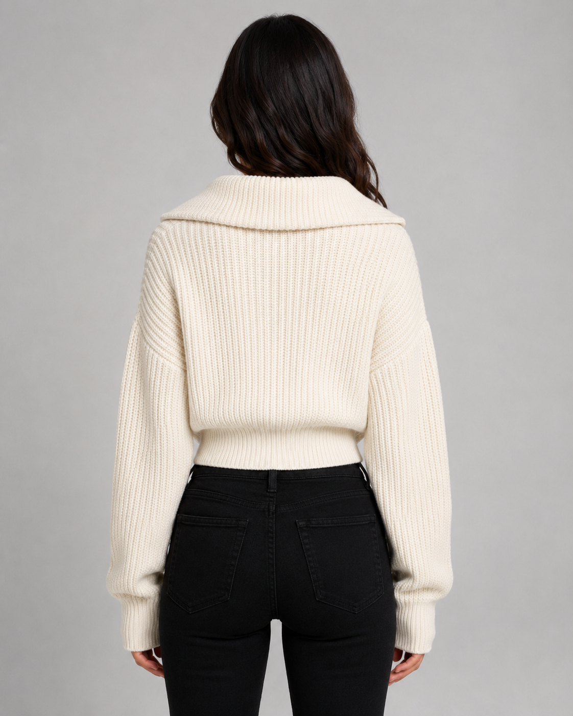Women's Half-Zip Ribbed Knit Sweater - Cropped Funnel Neck