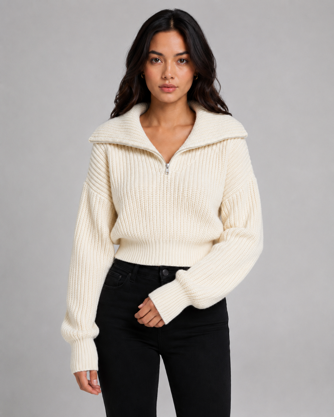 Women's Half-Zip Ribbed Knit Sweater - Cropped Funnel Neck