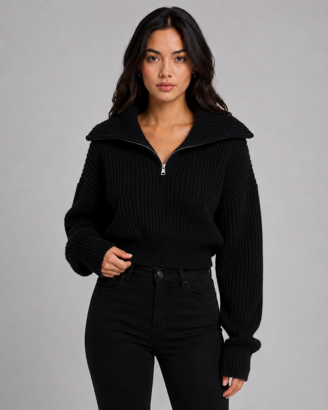 Women's Half-Zip Ribbed Knit Sweater - Cropped Funnel Neck
