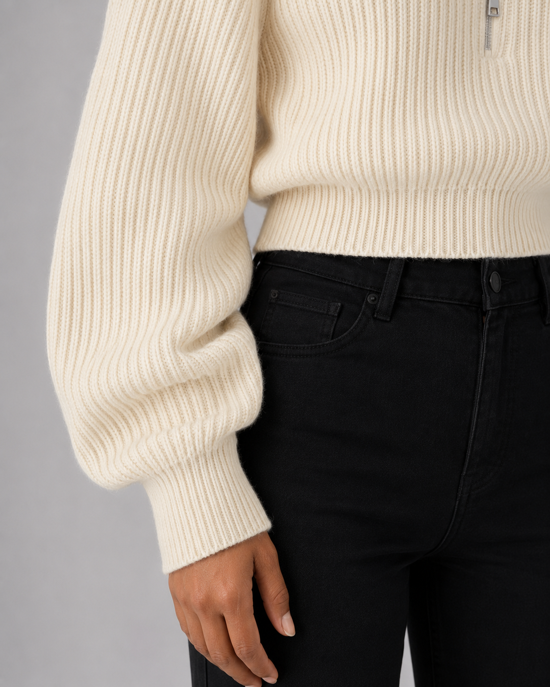 Women's Half-Zip Ribbed Knit Sweater - Cropped Funnel Neck