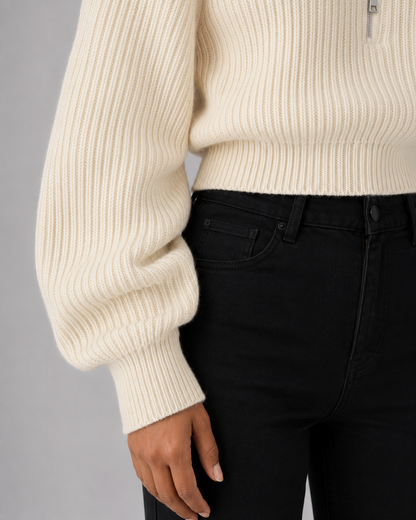 Women's Half-Zip Ribbed Knit Sweater - Cropped Funnel Neck
