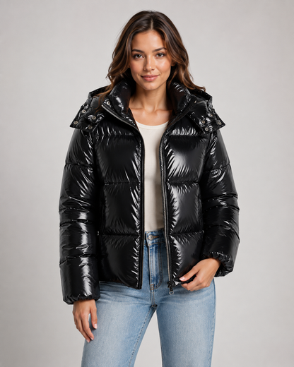 Women's Hooded Puffer Jacket - Glossy Cropped Zip-Up
