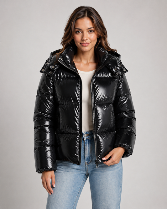 Women's Hooded Puffer Jacket - Glossy Cropped Zip-Up