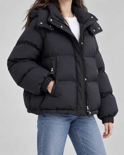 Women's Hooded Puffer Jacket - Oversized Zip Front Short Length