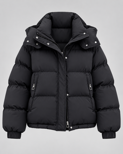 Women's Hooded Puffer Jacket - Oversized Zip Front Short Length