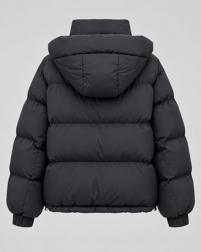 Women's Hooded Puffer Jacket - Oversized Zip Front Short Length