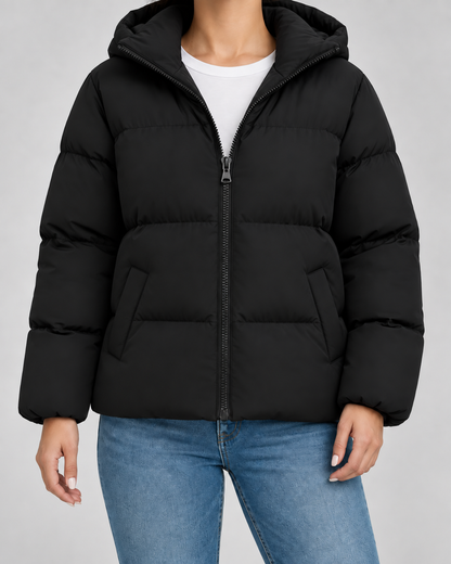 Women's Hooded Puffer Jacket - Quilted Zip Front Hip-Length Fit