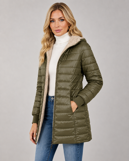 Women's Hooded Quilted Puffer Jacket - Plush-Lined Mid-Thigh