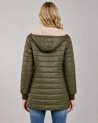 Women's Hooded Quilted Puffer Jacket - Plush-Lined Mid-Thigh