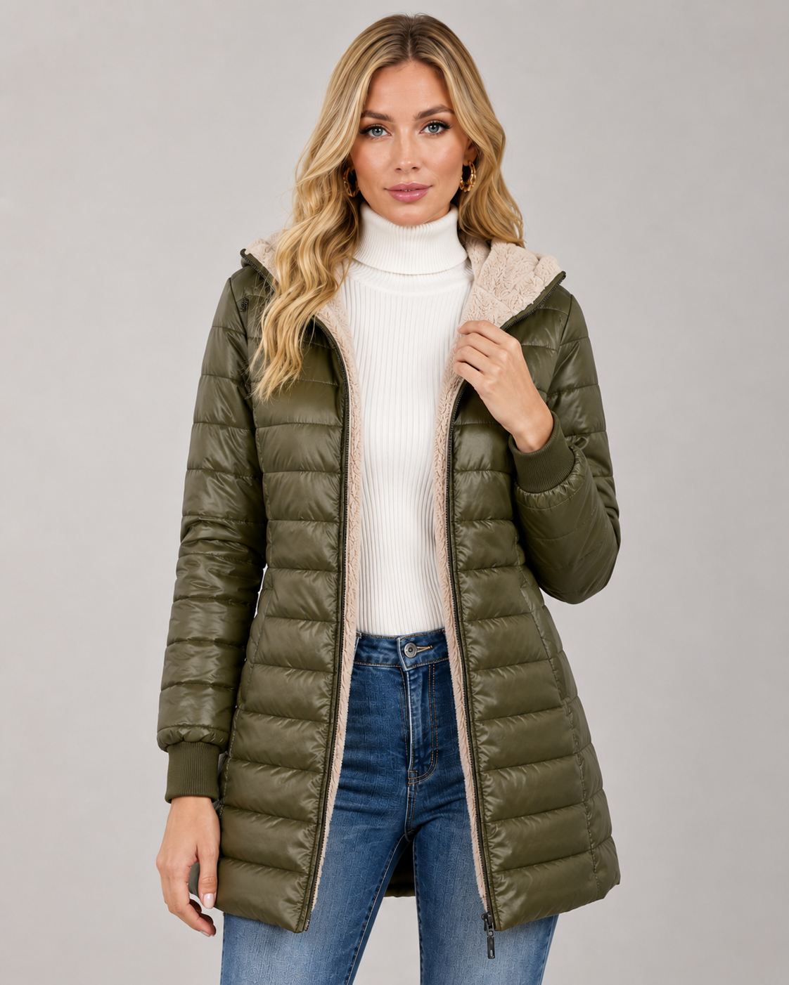 Women's Hooded Quilted Puffer Jacket - Plush-Lined Mid-Thigh