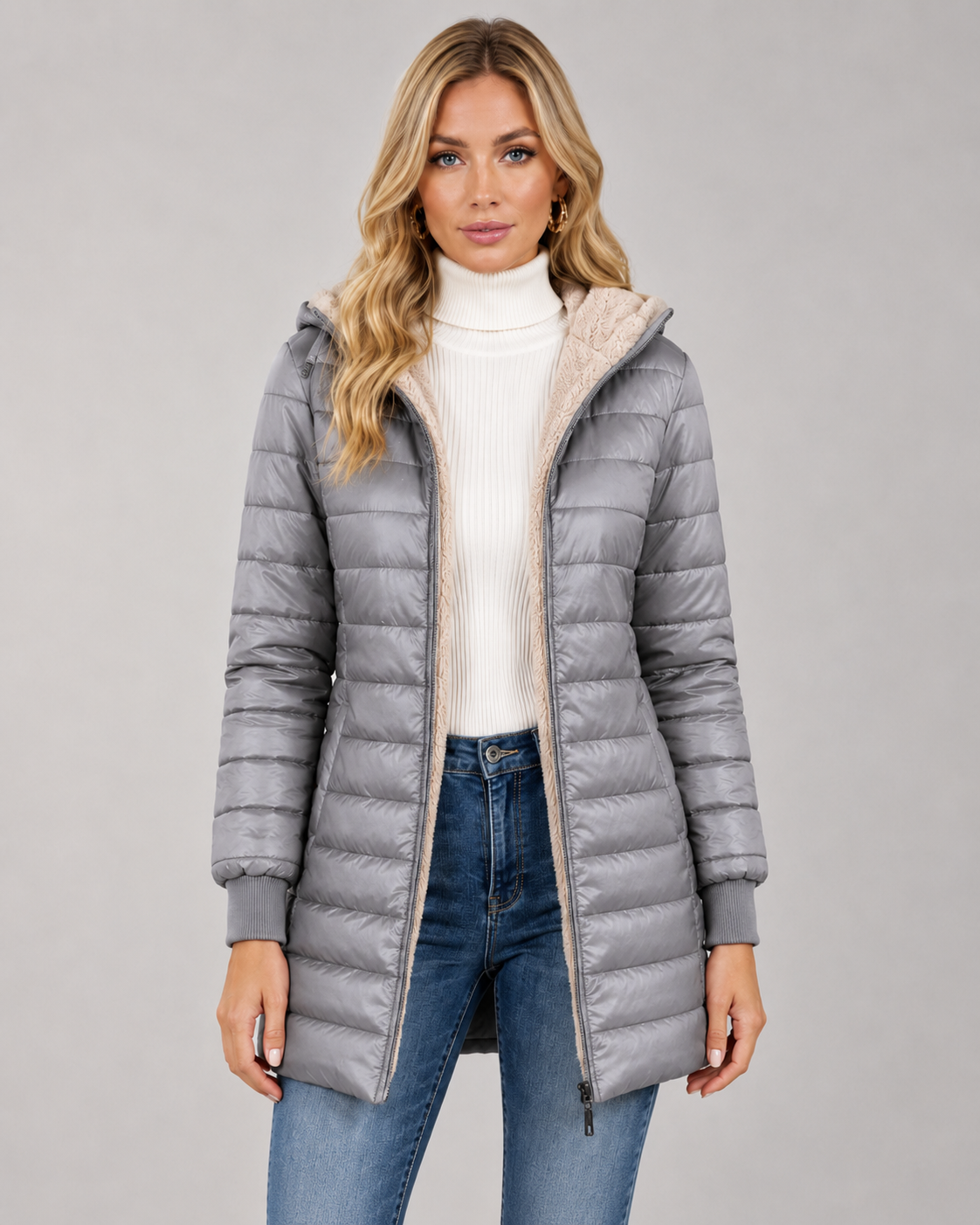 Women's Hooded Quilted Puffer Jacket - Plush-Lined Mid-Thigh