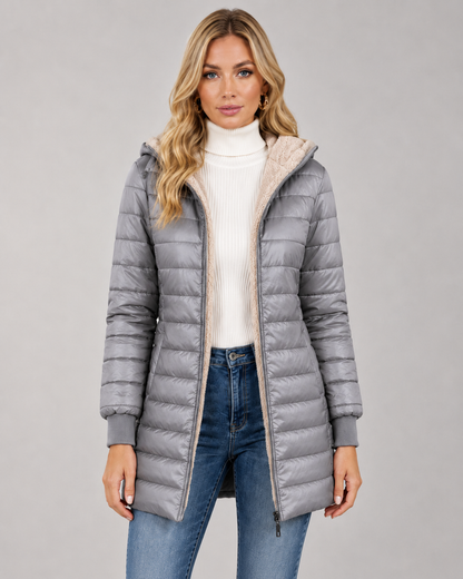 Women's Hooded Quilted Puffer Jacket - Plush-Lined Mid-Thigh