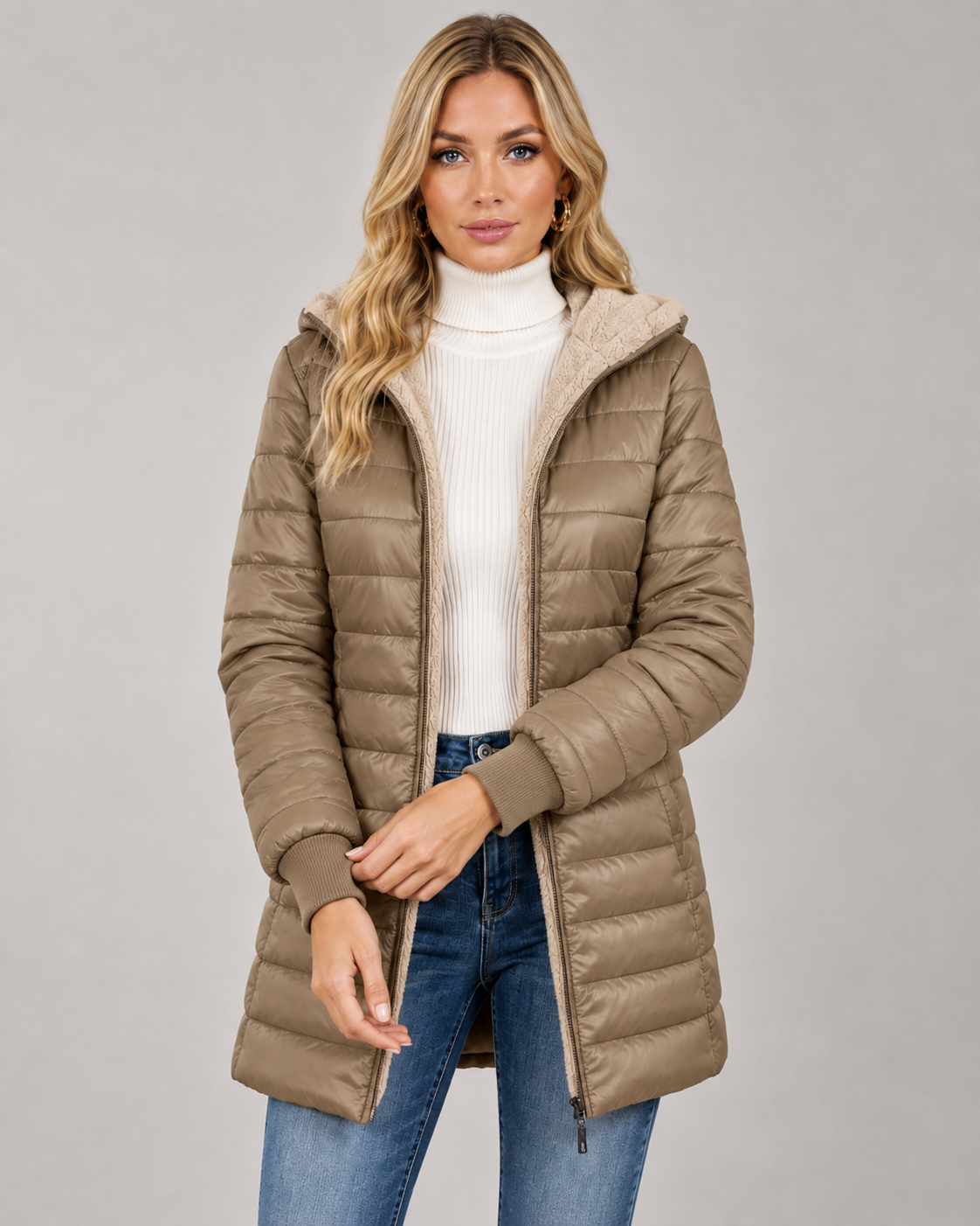 Women's Hooded Quilted Puffer Jacket - Plush-Lined Mid-Thigh