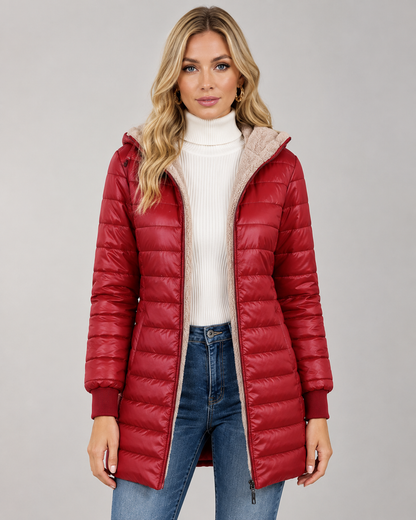 Women's Hooded Quilted Puffer Jacket - Plush-Lined Mid-Thigh